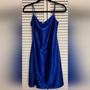 Royal blue mini dress with small slit on right leg